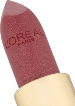 Zbliżenie satynowej pomadki L'Oréal Color Riche w odcieniu różu, z napisem L'OREAL PARIS na sztyfcie.
