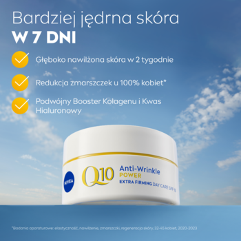 Krem NIVEA Q10 Anti-Wrinkle Power w białym słoiku, widok z przodu, na tle nieba. Obietnica jędrnej skóry w 7 dni.