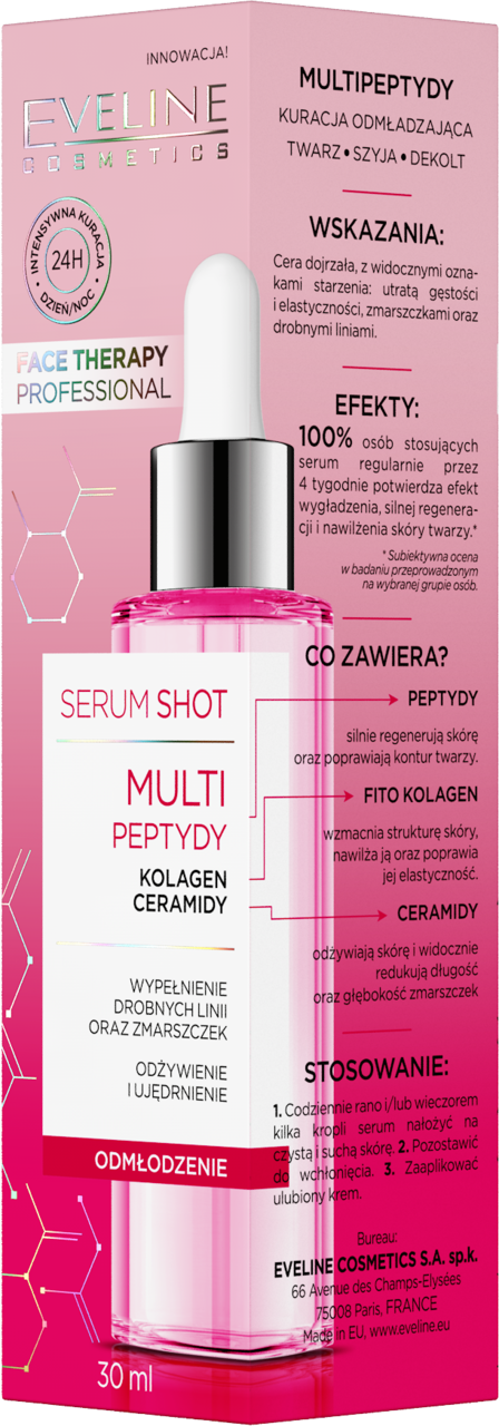 EVELINE COSMETICS, Face Therapy Professional Serum Shot, serum do twarzy, kuracja odmładzająca, Multipeptydy, 30 ml