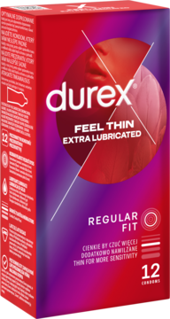 Czerwono-fioletowe opakowanie prezerwatyw Durex Feel Thin Extra Lubricated 12 szt., z napisem „REGULAR FIT”, widok pod kątem.