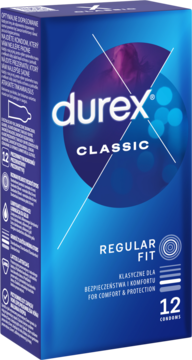 Niebieskie pudełko Durex Classic prezerwatywy Regular Fit, 12 sztuk, widok z przodu i boku.