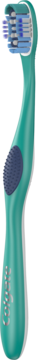 Tealowa szczoteczka Colgate 360 Deep Clean z niebieskimi włóknami, gumkami polerującymi i logo, widok z przodu.