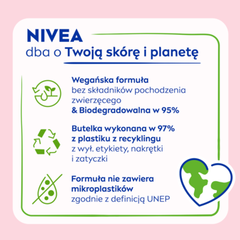NIVEA infographic: vegan formula, 95% biodegradable; 97% recycled bottle; no microplastics. Green border.