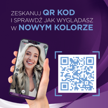 Grafika: smartfon z uśmiechniętą kobietą, obok QR kod do wirtualnej przymiarki koloru Schwarzkopf Palette.