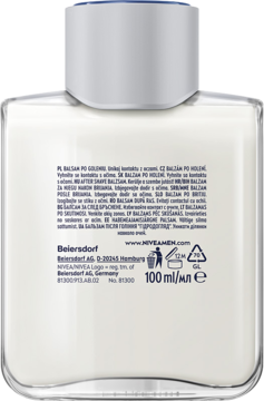 Tył butelki NIVEA MEN HydroCare Nawilżający balsam po goleniu 100ml z aloesem i B5, widoczna etykieta.