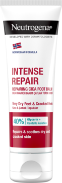 Neutrogena Intensive Repair CICA Foot Balm, krem na popękane pięty. Biała tubka, czarne wieczko, widok z przodu pod kątem.