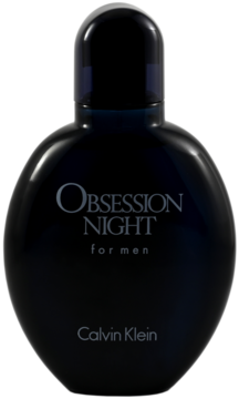 Ciemna, zaokrąglona butelka perfum Calvin Klein Obsession Night for Men, widok z przodu, z jasnymi napisami.