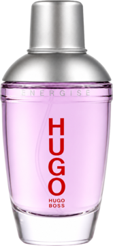 Hugo Boss Energise męska woda toaletowa, różowy flakon ze srebrną zakrętką, czerwony napis HUGO.