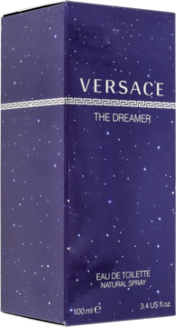 Versace The Dreamer woda toaletowa w granatowym pudełku z gwiezdnym wzorem i srebrnym zdobieniem, widok pod kątem.