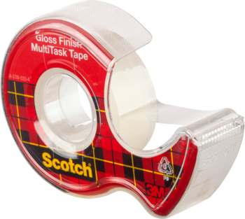 Taśma Scotch Crystal o błyszczącym wykończeniu, w dyspenserze w czerwoną kratę, widok z boku.