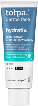 Tołpa dermo face hydrativ hialuronowy krem-żel nawilżający, biała tuba z niebieską etykietą, widok z przodu.