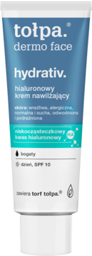 Tołpa Dermo Face Hydrativ hialuronowy krem nawilżający SPF 10, biało-niebieska tubka, widok z przodu.