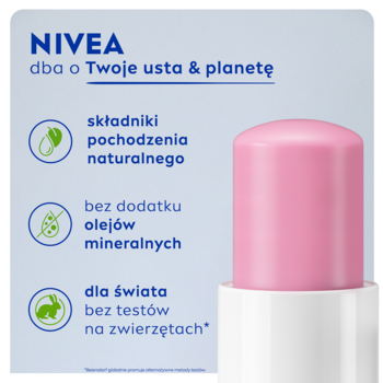 NIVEA pomadka do ust, pionowo, różowo-biała. Informacje o naturalnych składnikach, bez olejów, bez testów.