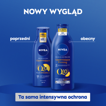NIVEA Q10 Ujędrniające Mleczko do ciała: porównanie starego i nowego wyglądu butelki, na tle niebieskim.