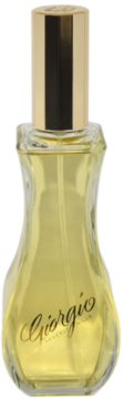 Perfumy Giorgio Beverly Hills, damski zapach w smukłej, przezroczystej butelce ze złotą nakrętką, widok z przodu.
