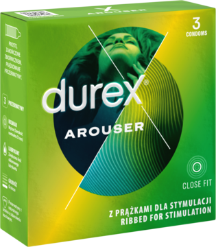 Zielono-żółte pudełko prezerwatyw Durex Arouser z napisem "Ribbed for Stimulation" i grafiką kobiety, widok frontalny.
