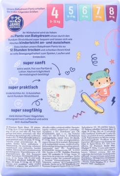 Tył opakowania Pieluchomajtek Babydream, rozm. 4 (5-15 kg), fioletowe, z opisem 12h suchości i delikatności.