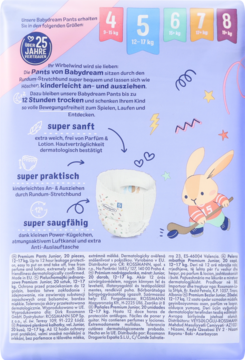 Tył opakowania pieluchomajtek Babydream rozmiar 4-8, z opisem cech, 12h suchości i rysunkiem króliczka.