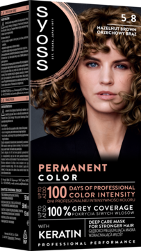 Syoss 5-8 Hazelnut Brown trwała farba do włosów, opakowanie z modelką o kręconych brązowych włosach.
