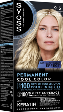 Syoss 9_5 Frozen Ashy Blond, czarne opakowanie farby do włosów z blond modelką, trwały chłodny kolor.