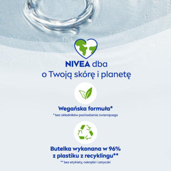 NIVEA: grafika z logo i tekstem 'dba o skórę i planetę'. Ikony: liść 'wegańska formuła', butelka '96% z recyklingu'.