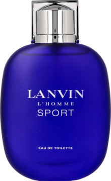 Granatowa butelka Lanvin L'Homme Sport woda toaletowa dla mężczyzn, ze srebrną nakrętką, widok z przodu.