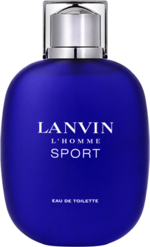 Lanvin L'Homme Sport, męska woda toaletowa, granatowa butelka z owalnym korpusem i srebrnym korkiem, przód.