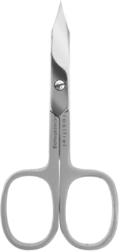 Srebrne nożyczki do paznokci ze stali nierdzewnej z mikroząbkami, ostre ostrza, widok z przodu na szarym tle.