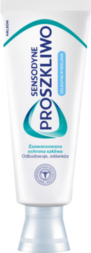Biała tubka pasty Sensodyne ProSzkliwo Delikatne Wybielanie z niebieskim logo i ochroną szkliwa, widok z przodu.