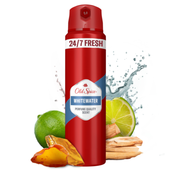Czerwony dezodorant Old Spice Whitewater 24/7 Fresh w aerozolu, widok z przodu, otoczony limonkami i nutami drzewnymi.