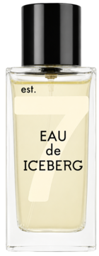 Woda toaletowa ICEBERG w szklanej butelce z żółtym płynem, napisem 'EAU de ICEBERG' i czarnym korkiem, widok z przodu.