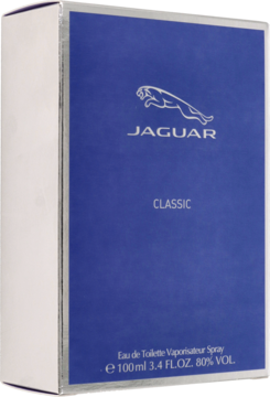 Niebieskie pudełko perfum Jaguar Classic 100ml dla mężczyzn, z logo jaguara, widok przód-bok.