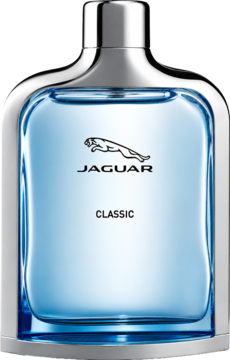 Męska woda toaletowa Jaguar Classic w prostokątnym, niebieskim flakonie ze srebrną nakrętką. Widok z przodu.