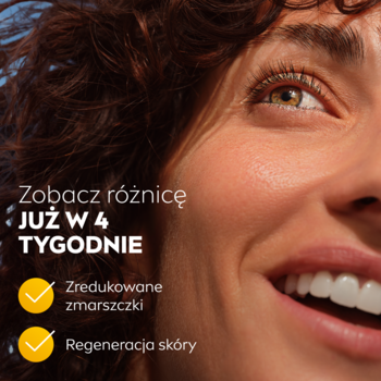 Uśmiechnięta kobieta z tekstem: "Zobacz różnicę JUŻ W 4 TYGODNIE", promująca krem NIVEA Q10 na zmarszczki.