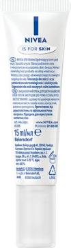 Tył białej tubki kremu pod oczy Nivea Q10 Przeciwzmarszczkowe Ujędrnienie, z polskim i ukraińskim opisem.