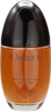 Męska woda perfumowana Calvin Klein Obsession, owalna bursztynowa butelka z błyszczącą czarną nakrętką, widok z przodu.