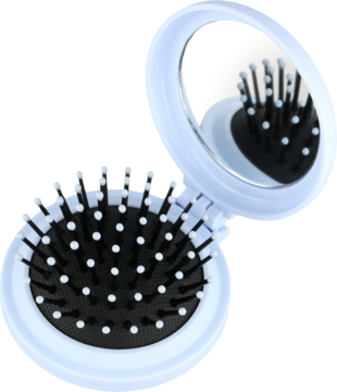 Otwarta, składana szczotka do włosów z lusterkiem, jasnoniebieska, czarne włosie z białymi końcówkami.