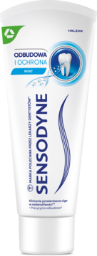 Biała tubka pasty Sensodyne Odbudowa i Ochrona Mięta. Widok z przodu, z grafiką zęba w niebieskim kole.