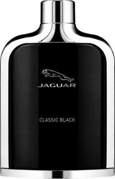 Jaguar Classic Black woda toaletowa dla mężczyzn, czarna, błyszcząca butelka ze srebrnym logo, widok z przodu.