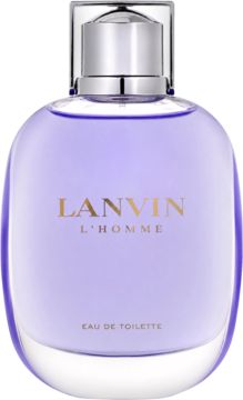 Woda toaletowa Lanvin L'Homme w eleganckim, jasnofioletowym flakonie z metalową nakrętką, widok z przodu.