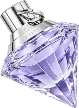 Chopard Wish woda perfumowana dla kobiet, fasetowana butelka diamentowa z fioletowym płynem, widok pod kątem.