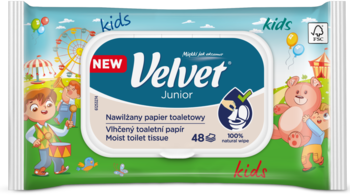 Velvet Junior nawilżany papier toaletowy KIDS, 48 szt., zielono-niebieskie opakowanie z kreskówką, widok z przodu.
