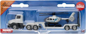 Zestaw zabawek Siku: biała ciężarówka z lawetą przewożącą helikopter policyjny, w blistrze, widok z przodu.