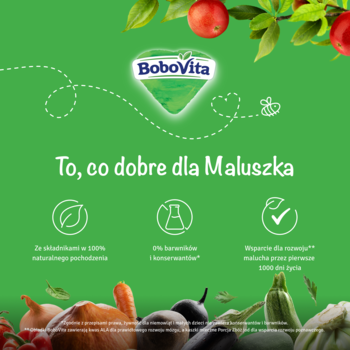 BoboVita: zielona reklama z logo, hasłem "To, co dobre dla Maluszka", ikonami naturalnych składników i owocami.