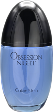 Calvin Klein Obsession Night Woman, owalna lawendowa butelka perfum z czarną nakrętką, widok z przodu.