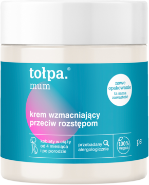 Tołpa Mum krem wzmacniający przeciw rozstępom w białym słoiczku, turkusowa etykieta, widok z przodu.