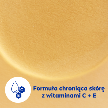 Złote tło, ikona NIVEA Olejku pod prysznic z witaminami C+E, tekst: Formuła chroniąca skórę.