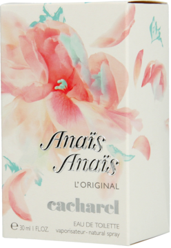 Białe pudełko Cacharel Anaïs Anaïs L'Original damskiej wody toaletowej z akwarelowymi kwiatami, widok z przodu.