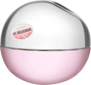 DKNY Be Delicious Fresh Blossom damska woda perfumowana, różowo-srebrny, jabłkowy flakon z logo, widok frontalny.