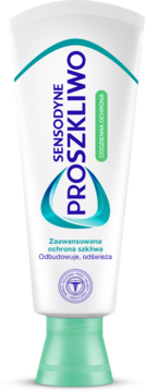Sensodyne ProSzkliwo, biała tuba pasty do zębów wzmacniającej szkliwo, z zieloną nakrętką, widok z przodu.